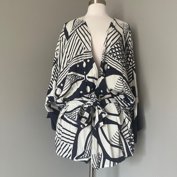 Farm Rio Seashell Striped Star Kimono Beach Belted White Blue Duster Cover Up S - Picture 1 of 10